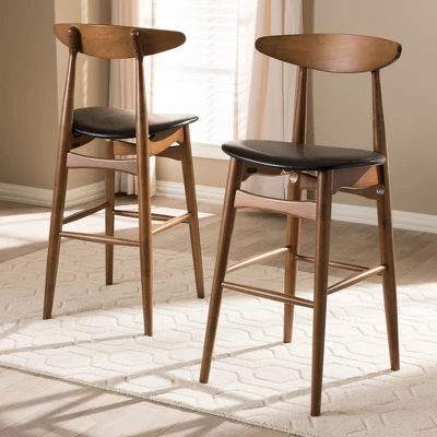 Set Of 2 Flora Mid-Century Modern Walnut Finished Wood Upholstered Barstools Black - Baxton Studio 7 Set Of 2 Flora Mid-Century Modern Walnut Finished Wood Upholstered Barstools Black - Baxton Studio - Image 5