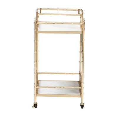 Mela Metal And Marble 2 Tier Wine Cart Gold/White Marble - Baxton Studio 5 Mela Metal And Marble 2 Tier Wine Cart Gold/White Marble - Baxton Studio - Image 3