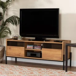 Tasman Wood And Metal 2 Door TV Stand For TVs Up To 45" Natural Brown/Black - Baxton Studio -Baxton Studio GUEST 05f26784 58c3 408d 9dff 136b334b46dd