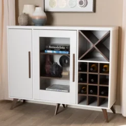 Baxton Studio Pietro Finished Wine Cabinet White/Brown - BaxtonStudio