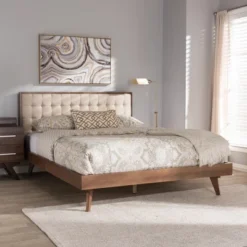 Soloman Mid - Century Modern Fabric And Walnut Finished Wood Platform Bed - Baxton Studio -Baxton Studio GUEST 08cfbaf2 a013 4bd1 8a8f fc8f2ebedf39