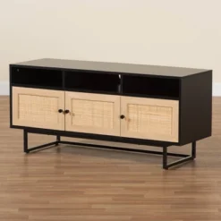 Declan Wood And Natural Rattan 3 Door TV Stand Espresso Brown/Black - Baxton Studio -Baxton Studio GUEST 096d4c73 3ab7 413b 9601 5b16dd7ebe1a