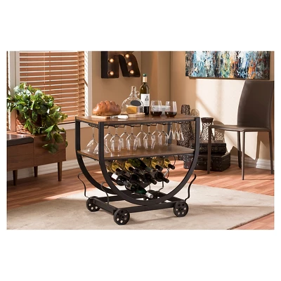 Triesta Antiqued Vintage Industrial Metal & Wood Wheeled Wine Rack Cart - Baxton Studio 5 Triesta Antiqued Vintage Industrial Metal & Wood Wheeled Wine Rack Cart - Baxton Studio - Image 3