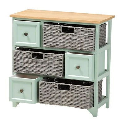 Valtina Two-Tone Wood 3 Drawer Storage Unit With Baskets Oak Brown/Gray/Mint Green - Baxton Studio 4 Valtina Two-Tone Wood 3 Drawer Storage Unit With Baskets Oak Brown/Gray/Mint Green - Baxton Studio - Image 2