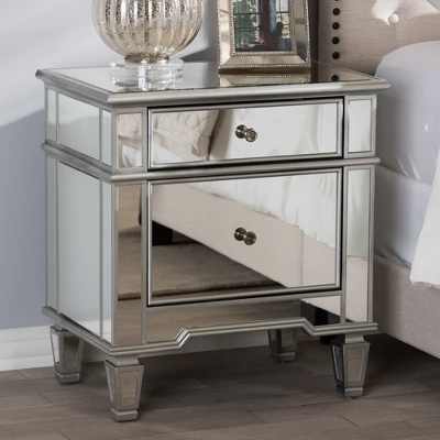 Sussie Hollywood Regency Glamour Style Mirrored 2 - Drawer Nightstand - Baxton Studio 8 Sussie Hollywood Regency Glamour Style Mirrored 2 - Drawer Nightstand - Baxton Studio - Image 6