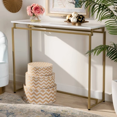 Renzo Metal Console Table With Faux Marble Tabletop White/Gold - Baxton Studio 7 Renzo Metal Console Table With Faux Marble Tabletop White/Gold - Baxton Studio - Image 5