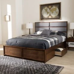 Macey Modern And Contemporary Fabric Upholstered Walnut Finished Storage Platform Bed Gray/Brown - Baxton Studio -Baxton Studio GUEST 14297a95 ab04 4a01 8233 bd022e2734a4