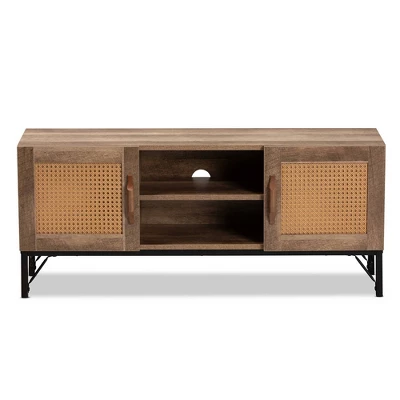 Veanna Bohemian Natural Wood And Metal 2 Door Synthetic Rattan TV Stand For TVs Up To 40" Brown/Black - Baxton Studio 4 Veanna Bohemian Natural Wood And Metal 2 Door Synthetic Rattan TV Stand For TVs Up To 40" Brown/Black - Baxton Studio - Image 2