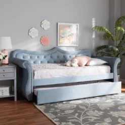 Twin Abbie Velvet Tufted Daybed With Trundle Light Blue - Baxton Studio -Baxton Studio GUEST 182d1458 9de3 46f9 bbf8 01f5ffda683b
