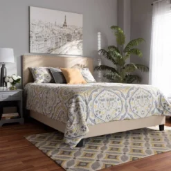 Ramon Linen Panel Bed With Nailhead Trim - Baxton Studio -Baxton Studio GUEST 194a9b48 c6ef 4cd8 b72e f0e92b6b3553