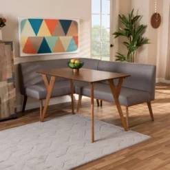 3pc Odessa Mid-Century Modern Fabric Upholstered Wood Dining Nook Set Walnut/Brown/Gray - Baxton Studio -Baxton Studio GUEST 1d4caa5c 456e 4904 bf0b f2c7fc6c176a