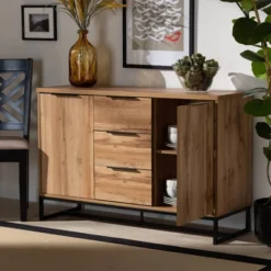 Reid Wood & Metal 3 Drawer Sideboard Buffet Oak/Black - Baxton Studio -Baxton Studio GUEST 24cf6c2a 0d25 4173 a84a 1755069b614c