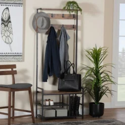 Edan Wood And Metal Freestanding Coat Hanger Walnut Brown/Black - Baxton Studio