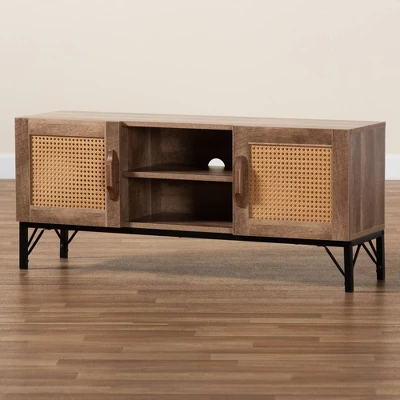 Veanna Bohemian Natural Wood And Metal 2 Door Synthetic Rattan TV Stand For TVs Up To 40" Brown/Black - Baxton Studio 10 Veanna Bohemian Natural Wood And Metal 2 Door Synthetic Rattan TV Stand For TVs Up To 40" Brown/Black - Baxton Studio - Image 8