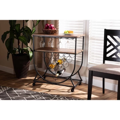 Dania Antique Vintage Industrial Metal And Wood Mobile Wine Bar Cart Black/Walnut - Baxton Studio 8 Dania Antique Vintage Industrial Metal And Wood Mobile Wine Bar Cart Black/Walnut - Baxton Studio - Image 6