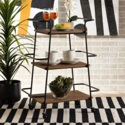 Small Bernard Rustic Industrial Metal And Wood 3 Tier Mobile Wine Bar Cart Black/Walnut - Baxton Studio -Baxton Studio GUEST 2d59e2dd 1d81 4019 a9e9 695a7bfeb43f
