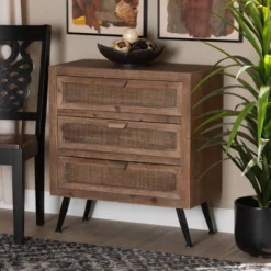 Calida Wood And Rattan 3 Drawer Storage Cabinet Brown - Baxton Studio -Baxton Studio GUEST 333f8ae8 f61f 4a7d 8f9b 517a409acb41