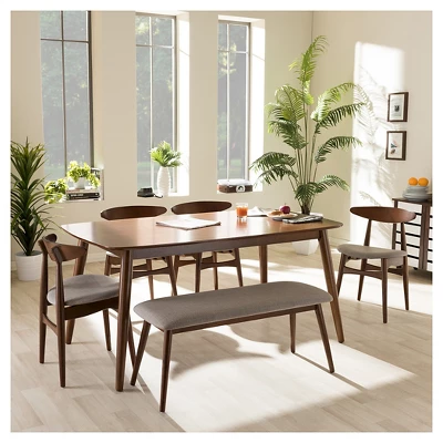 6pc Dining Set Flora Mid-Century Modern Finishing Wood Light Gray/Medium Brown - Baxton Studio 3 6pc Dining Set Flora Mid-Century Modern Finishing Wood Light Gray/Medium Brown - Baxton Studio