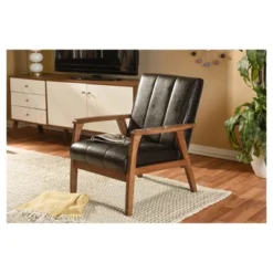 Nikko Mid - Century Modern Scandinavian Style Faux Leather Wooden Lounge Chair - Dark Brown - Baxton Studio -Baxton Studio GUEST 3a0a1a7e 3eb1 43f6 9bc8 8dcce6560500