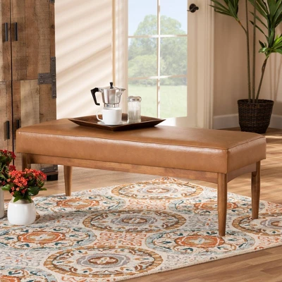 Arvid Mid-Century Faux Leather Upholstered Wood Dining Bench Walnut/Brown - Baxton Studio 6 Arvid Mid-Century Faux Leather Upholstered Wood Dining Bench Walnut/Brown - Baxton Studio - Image 4