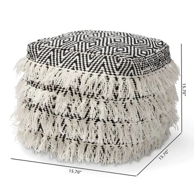Alian Handwoven Wool Tassel Moroccan Inspired Pouf Ottoman Black/Ivory - Baxton Studio 3 Alian Handwoven Wool Tassel Moroccan Inspired Pouf Ottoman Black/Ivory - Baxton Studio