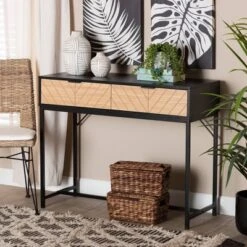 Jacinth Two-Tone Wood And Metal 2 Drawer Console Table Black/Natural Brown - Baxton Studio -Baxton Studio GUEST 3ed29a1d 7aa8 4aca b581 a460cd13a290