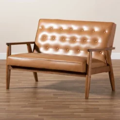 Sorrento Mid-Century Faux Leather Upholstered Wood Loveseat Walnut/Brown - Baxton Studio -Baxton Studio GUEST 3f8e4bfa 8730 43d8 9ae8 fe173b7f42d9