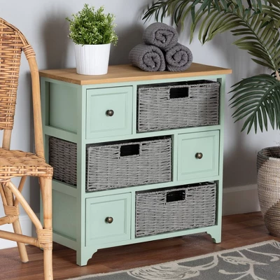 Valtina Two-Tone Wood 3 Drawer Storage Unit With Baskets Oak Brown/Gray/Mint Green - Baxton Studio 5 Valtina Two-Tone Wood 3 Drawer Storage Unit With Baskets Oak Brown/Gray/Mint Green - Baxton Studio - Image 3