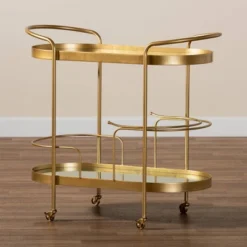 Kamal Glam Brushed Metal And Mirrored Glass 2 Tier Mobile Wine Bar Cart Gold - Baxton Studio -Baxton Studio GUEST 40b5e7e2 276a 488e b7c0 49b925689803