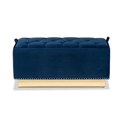 Powell Velvet Fabric Upholstered And PU Leather Ottoman Gold/Blue - Baxton Studio 4 Powell Velvet Fabric Upholstered And PU Leather Ottoman Gold/Blue - Baxton Studio - Image 2