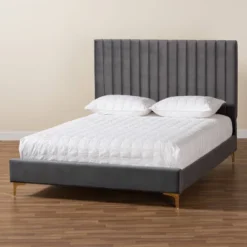 Queen Serrano Velvet Fabric Upholstered And Metal Platform Bed Gray/Gold - Baxton Studio -Baxton Studio GUEST 46da6f7c f031 43ec a308 ce71b62c2751