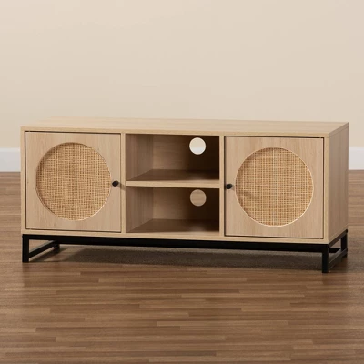 Ardon Bohemian Wood And Metal 2 Door Natural Rattan TV Stand For TVs Up To 40" Light Brown/Black - Baxton Studio 10 Ardon Bohemian Wood And Metal 2 Door Natural Rattan TV Stand For TVs Up To 40" Light Brown/Black - Baxton Studio - Image 8