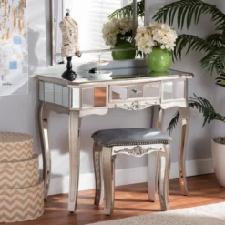 Elgin Brushed Wood And Mirrored Glass 1 Drawer Console Table Silver/Mirror - Baxton Studio -Baxton Studio GUEST 4e73cb3b 011f 4603 acda d0f4dffde82f