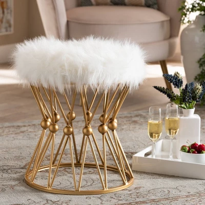 Leonie Faux Fur Upholstered Metal Ottoman White/Gold - Baxton Studio 5 Leonie Faux Fur Upholstered Metal Ottoman White/Gold - Baxton Studio - Image 3