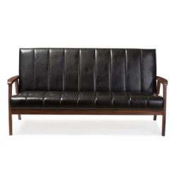 Nikko Mid-Century Modern Scandinavian Style Faux Leather Wooden 3 Seater Sofa - Baxton Studio