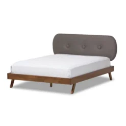 Penelope Mid-Century Modern Solid Wood And Fabric Upholstered Platform Bed Gray/Walnut Brown - Baxton Studio