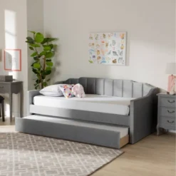 Lennon Velvet Fabric Upholstered Daybed With Trundle - Baxton Studio -Baxton Studio GUEST 5aa49600 af88 4a91 a2f0 576abfb6495e