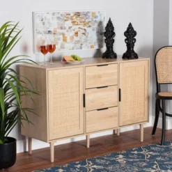 Harrison Wood And Rattan 3 Drawer Sideboard Dining Cabinet Natural Brown/Black - Baxton Studio -Baxton Studio GUEST 5c409941 d1c4 4141 93b6 c1d21e550808