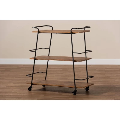 3 Tier Bernard Industrial Metal And Wood Mobile Wine Bar Cart Black/Walnut - Baxton Studio 7 3 Tier Bernard Industrial Metal And Wood Mobile Wine Bar Cart Black/Walnut - Baxton Studio - Image 5