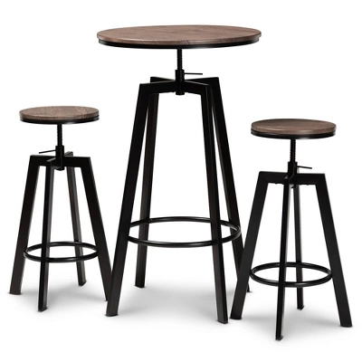 3pc Metal And Maritta Wood Height Adjustable Bar Pub Dining Set Walnut/Black - Baxton Studio 3 3pc Metal And Maritta Wood Height Adjustable Bar Pub Dining Set Walnut/Black - Baxton Studio