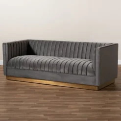 Aveline Velvet Upholstered Finished Sofa Gray/Gold - Baxton Studio -Baxton Studio GUEST 6602a4a8 0700 4192 ac47 9a16d70210bb