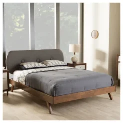 Penelope Mid-Century Modern Solid Wood And Fabric Upholstered Platform Bed Gray/Walnut Brown - Baxton Studio -Baxton Studio GUEST 6639f2c4 9496 469e 9cce 28c8a8aebbbf
