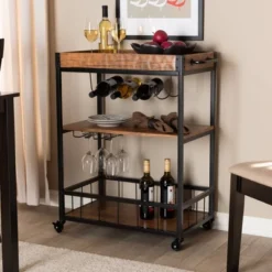 Cerne Oak And Finished Mobile Metal Bar Cart With Wine Bottle Rack Brown - Baxton Studio -Baxton Studio GUEST 66be3651 75e3 461f a20d dda05114160b