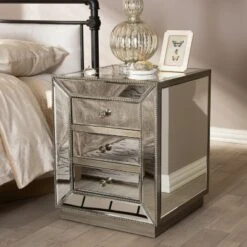 Currin Contemporary Mirror 3 Drawer Nightstand Silver - Baxton Studio -Baxton Studio GUEST 66cda047 8dca 492d 92a5 4677d1b977d8