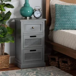 Sheldon Vintage Wood And Synthetic Rattan 3 Drawer Nightstand Gray - Baxton Studio -Baxton Studio GUEST 6b9b9b34 70ba 42a0 89d7 8860b8b09404