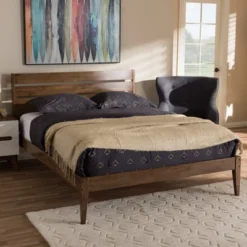 Elmdon Mid Century Modern Solid Wood Slatted Headboard Style Platform Bed Brown - Baxton Studio -Baxton Studio GUEST 6e1641c6 7612 4961 9a28 011dd287730f