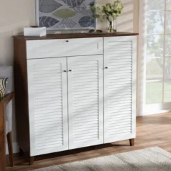 Coolidge 11 Shelf Wood Shoe Cabinet With Drawer White/Walnut - Baxton Studio -Baxton Studio GUEST 6f039638 3de8 4d3f aabf da9c80774035