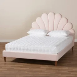 Queen Odille Velvet Seashell Shaped Platform Bed Light Pink/Walnut - Baxton Studio -Baxton Studio GUEST 6fadb659 0c21 4e77 b6fe 8a8c70a80a78