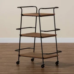 Small Bernard Rustic Industrial Metal And Wood 3 Tier Mobile Wine Bar Cart Black/Walnut - Baxton Studio -Baxton Studio GUEST 7b7ef752 ce3e 482f b796 fa2fd1bafbc6