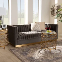 Aveline Velvet Upholstered Finished Sofa Gray/Gold - Baxton Studio -Baxton Studio GUEST 7ca3375a 38b2 48b1 8ad3 83f78df72553
